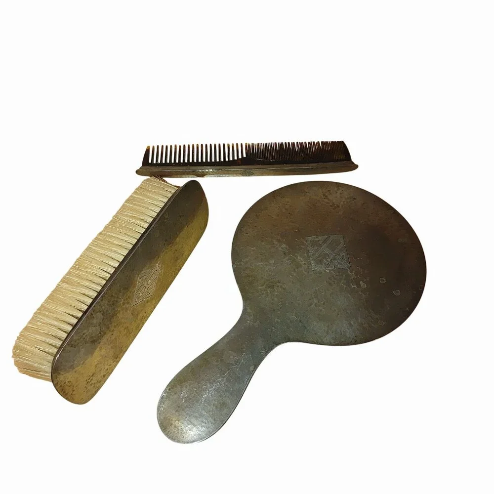 Lebolt 925 Sterling Antique Arts Crafts Hammered Silver Vanity Set Mirror Brush